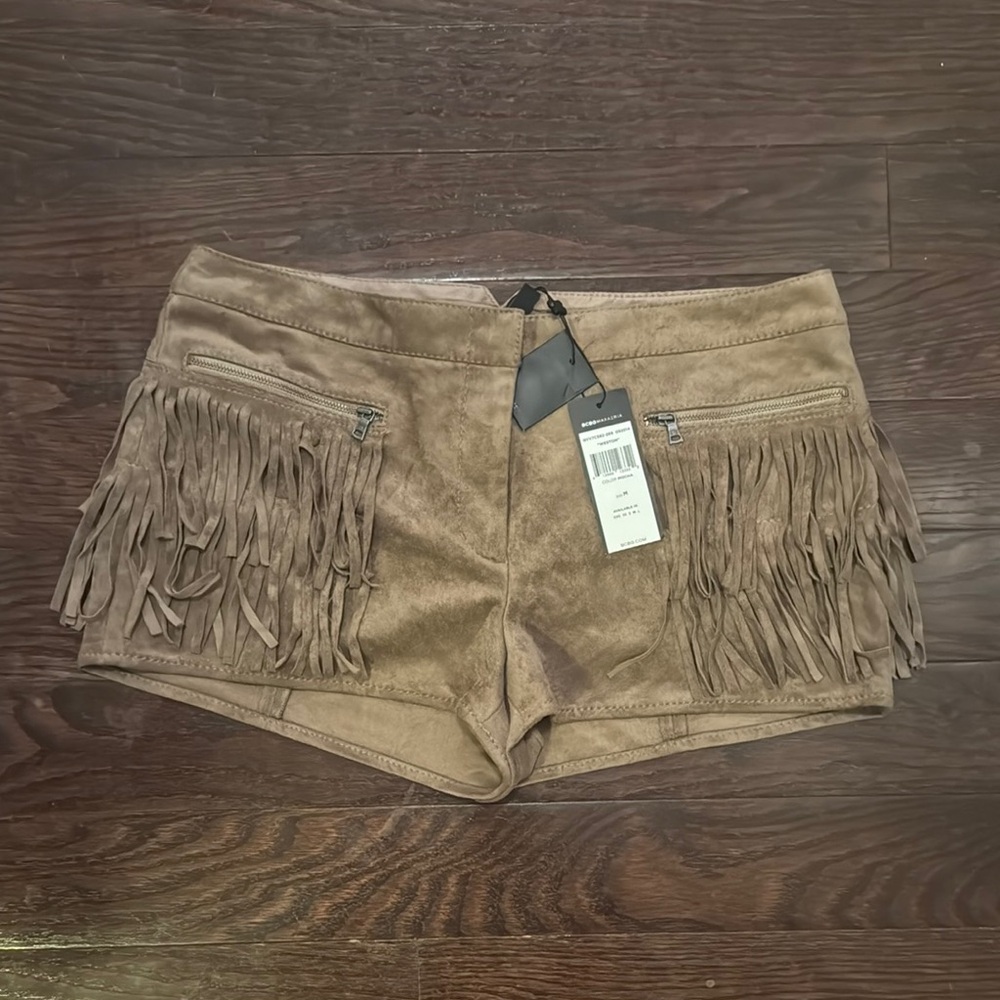 BCBGMaxAzria High Waist Tan Fringe Shorts
